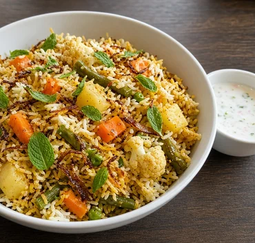 Veg dum biryani with carrots, beans, peas, potato and cauliflower at Bawarchi in Mississauga